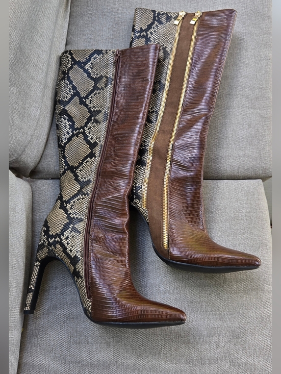 Shoes - Shoe Dazzle Kioni Brown Snakeskin-Print Knee Boots with Gold Zip